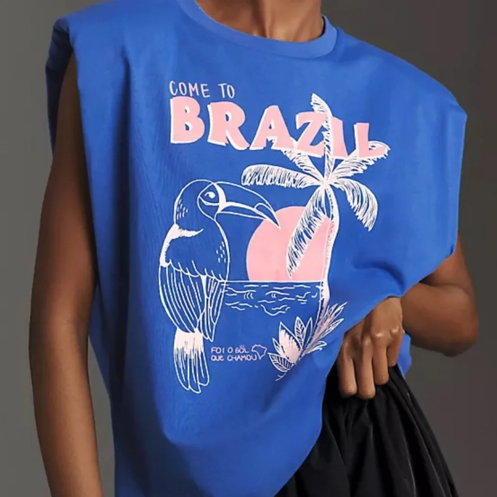FARM Rio Anthropologie Blue Pink Brazil Graphic Muscle Tank - Picture 1 of 8
